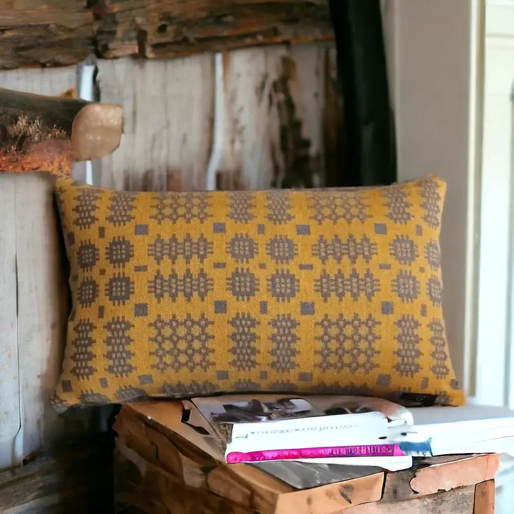 Mustard Welsh tapestry Blanket design Cushions : Mustard / Rectangle