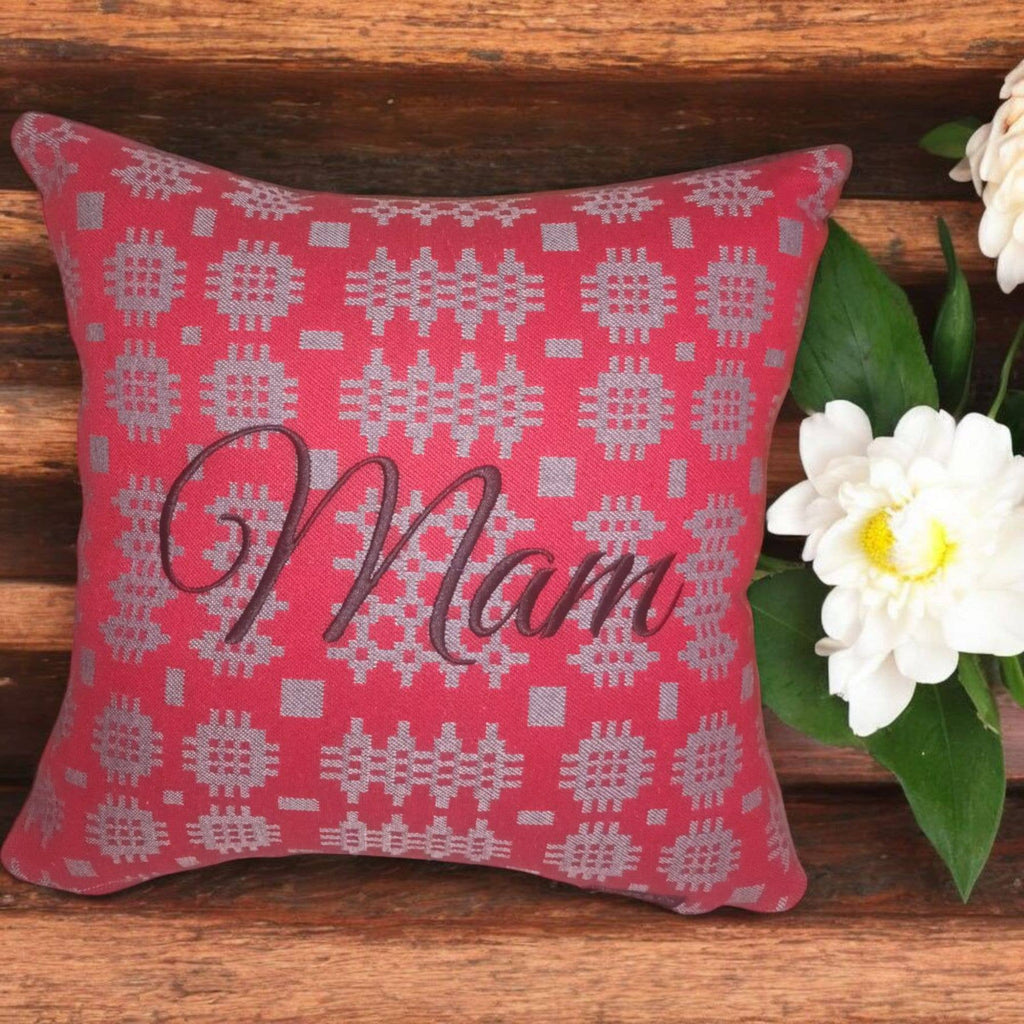Red Welsh Tapestry Design Embroidered  Cushion  : Mamgu