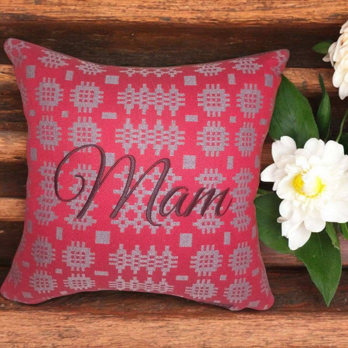 Red Welsh Tapestry Design Embroidered  Cushion  : Mamgu
