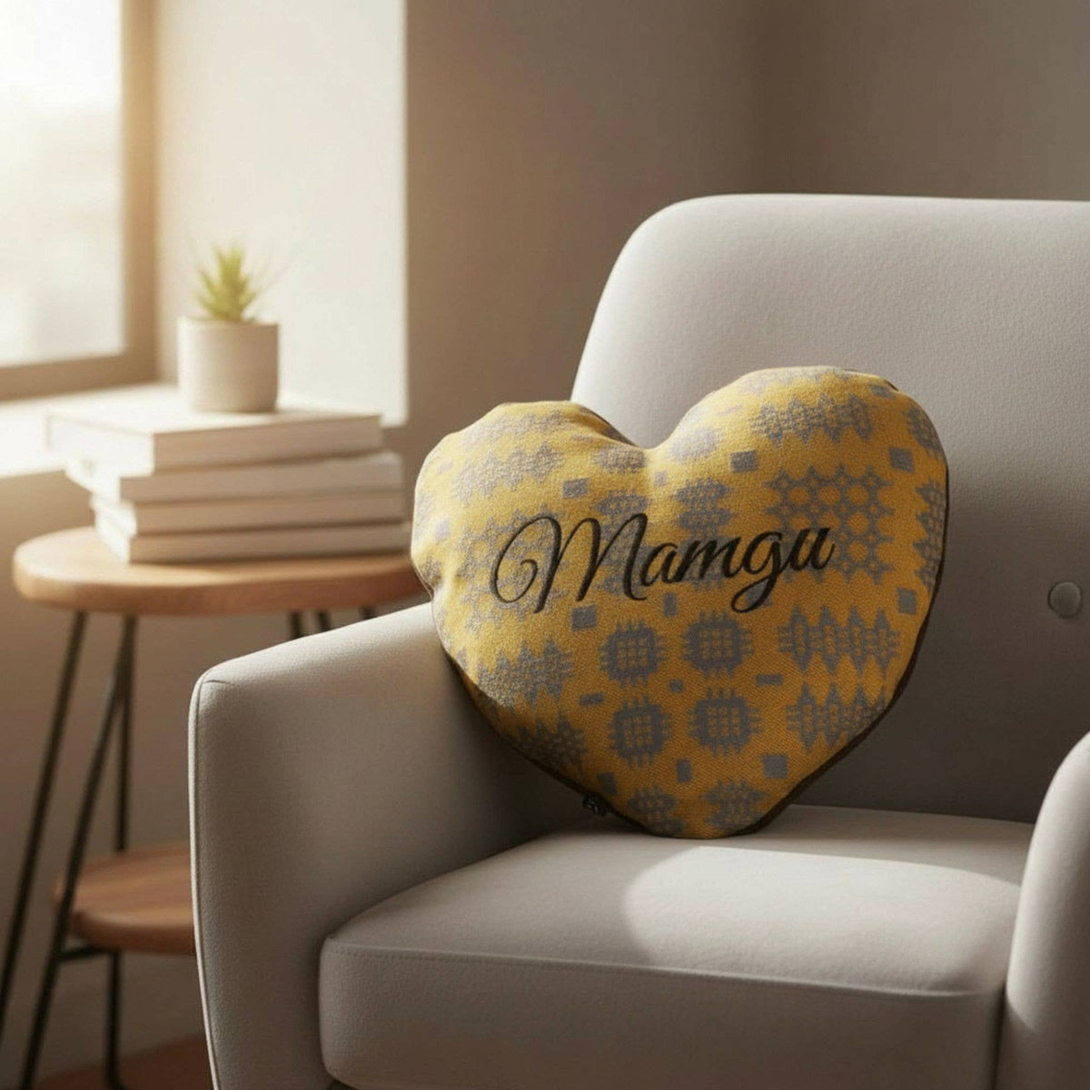 Mustard Heart Shaped  Embroidered cushions  : Mamgu