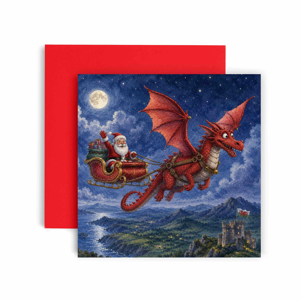 Dragon Sleigh Night Nadolig Llawen Welsh Christmas Card