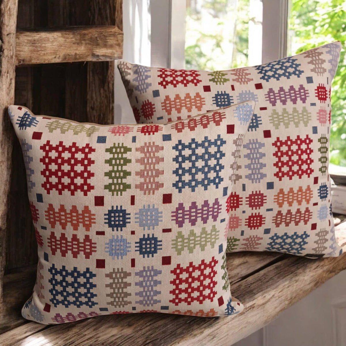 Cream rainbow Welsh Tapestry Blanket design Square Cushion : Cream / 20 x 12 inches