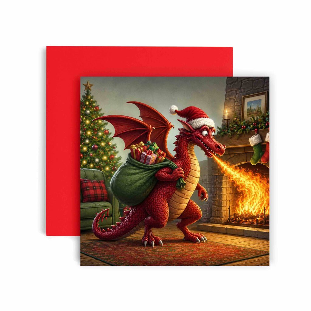 Dragon Fireplace Nadolig Llawen Welsh Christmas Card