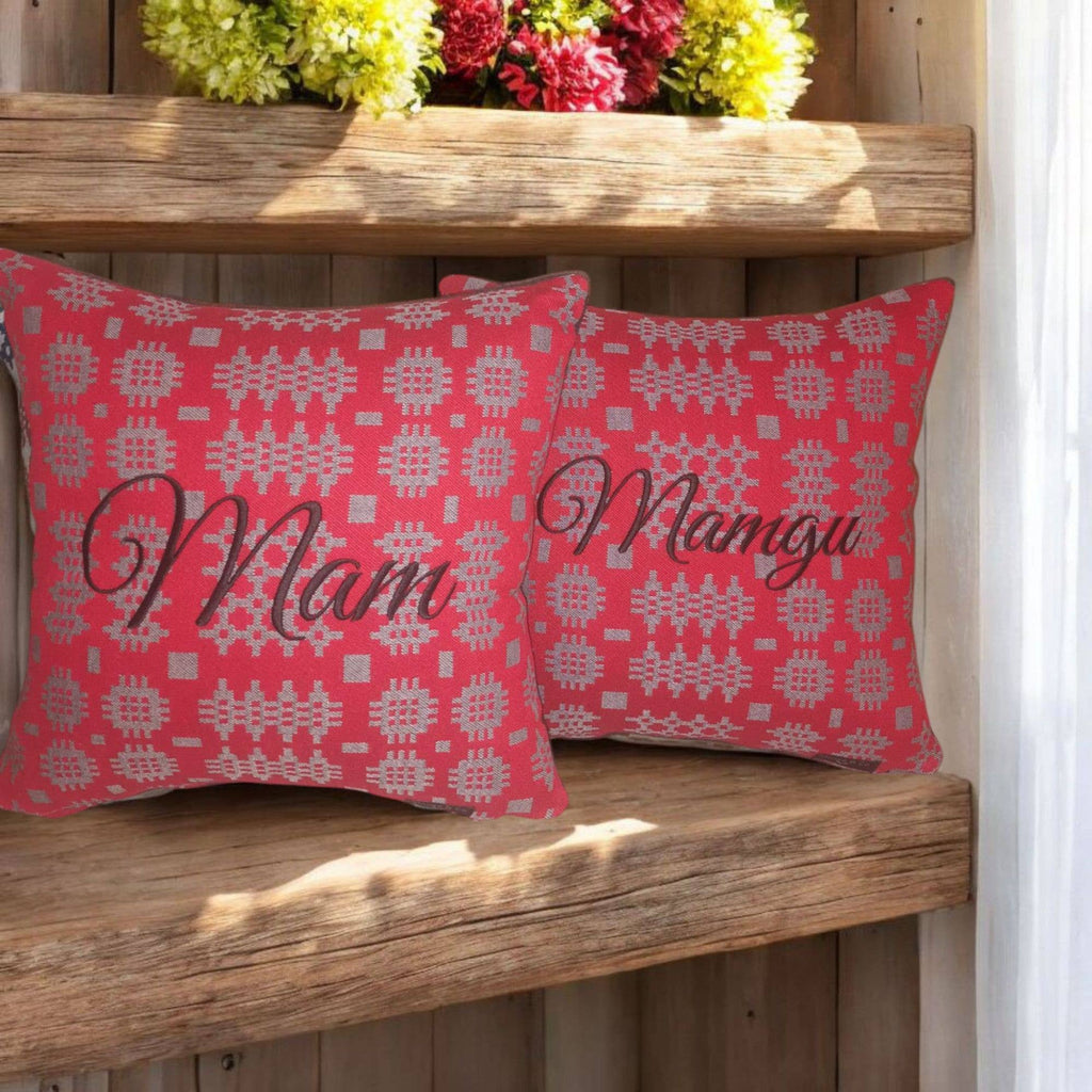 Red Welsh Tapestry Design Embroidered  Cushion  : Mamgu
