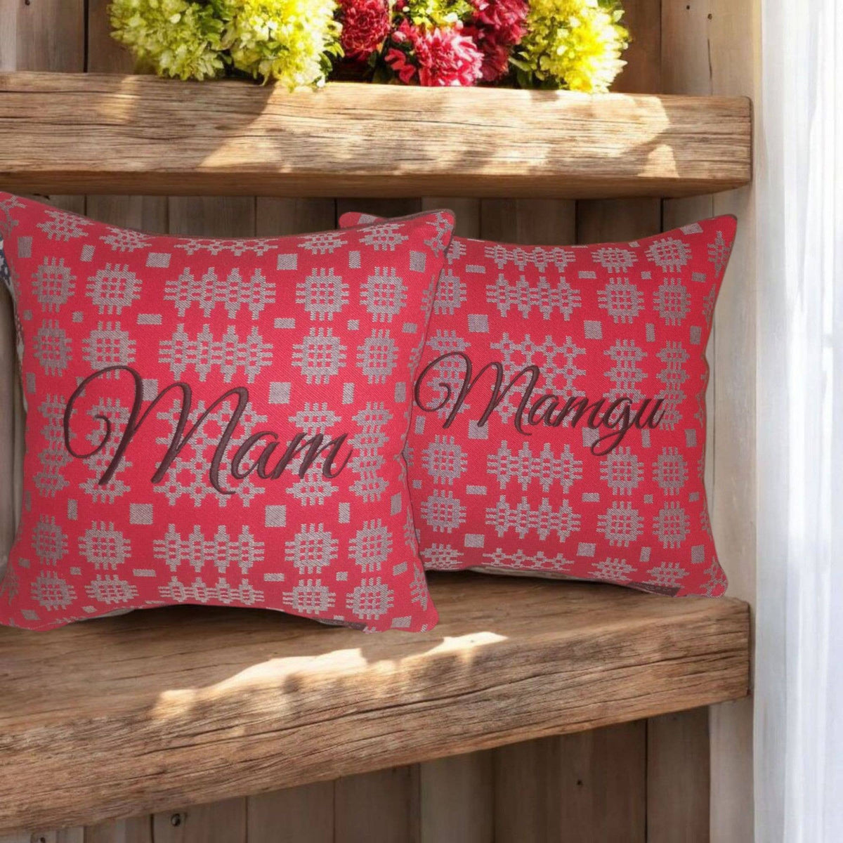 Red Welsh Tapestry Design Embroidered  Cushion  : Mamgu