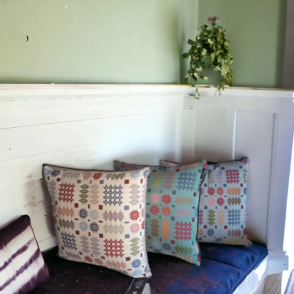 Cream rainbow Welsh Tapestry Blanket design Square Cushion : Cream / 20 x 12 inches