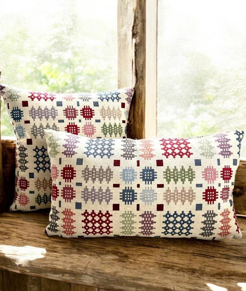 Cream rainbow Welsh Tapestry Blanket design Square Cushion : Cream / 20 x 12 inches