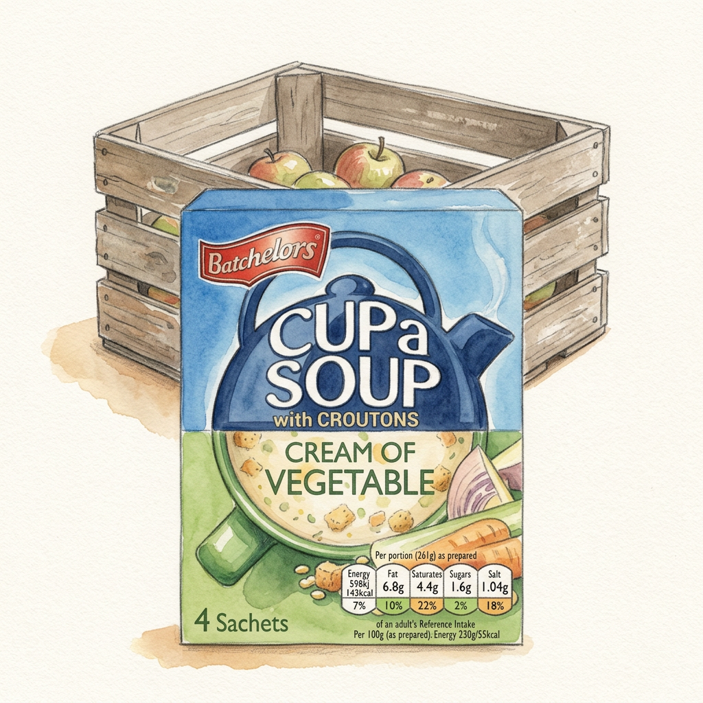 Batchelors Cream of Vegetable Cup a Soup with an apple crate