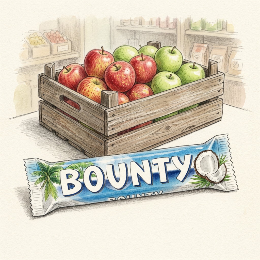 Hand-drawn Bounty with apple crate