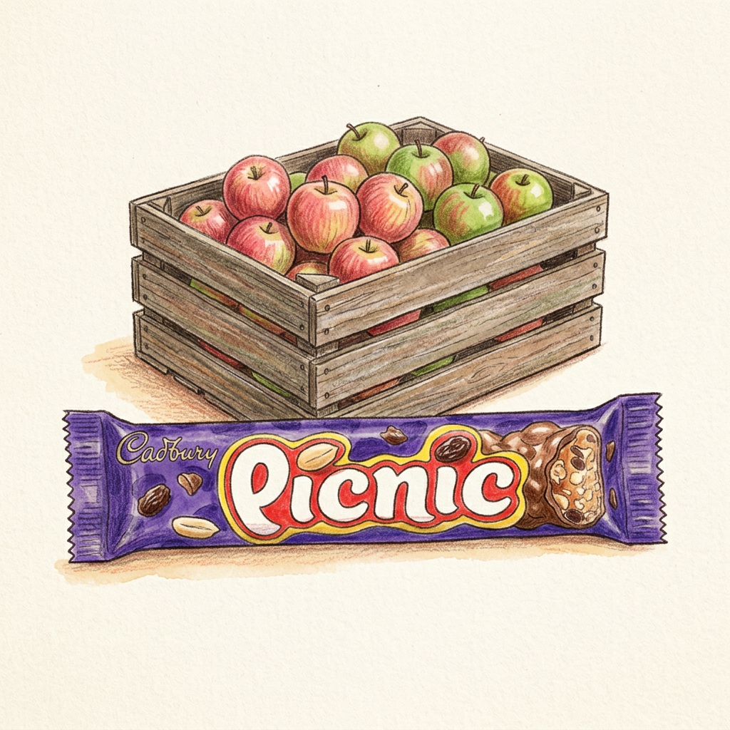 Hand-drawn Cadbury Picnic with apple crate