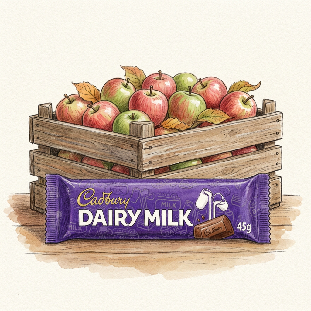 Hand-drawn Dairy Milk bar with apple crate