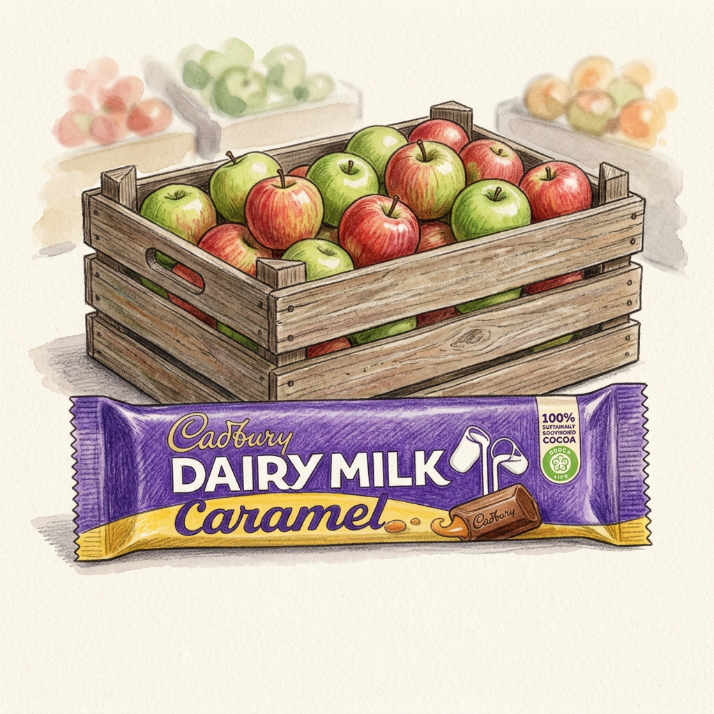 Hand-drawn Dairy Milk Caramel with apple crate