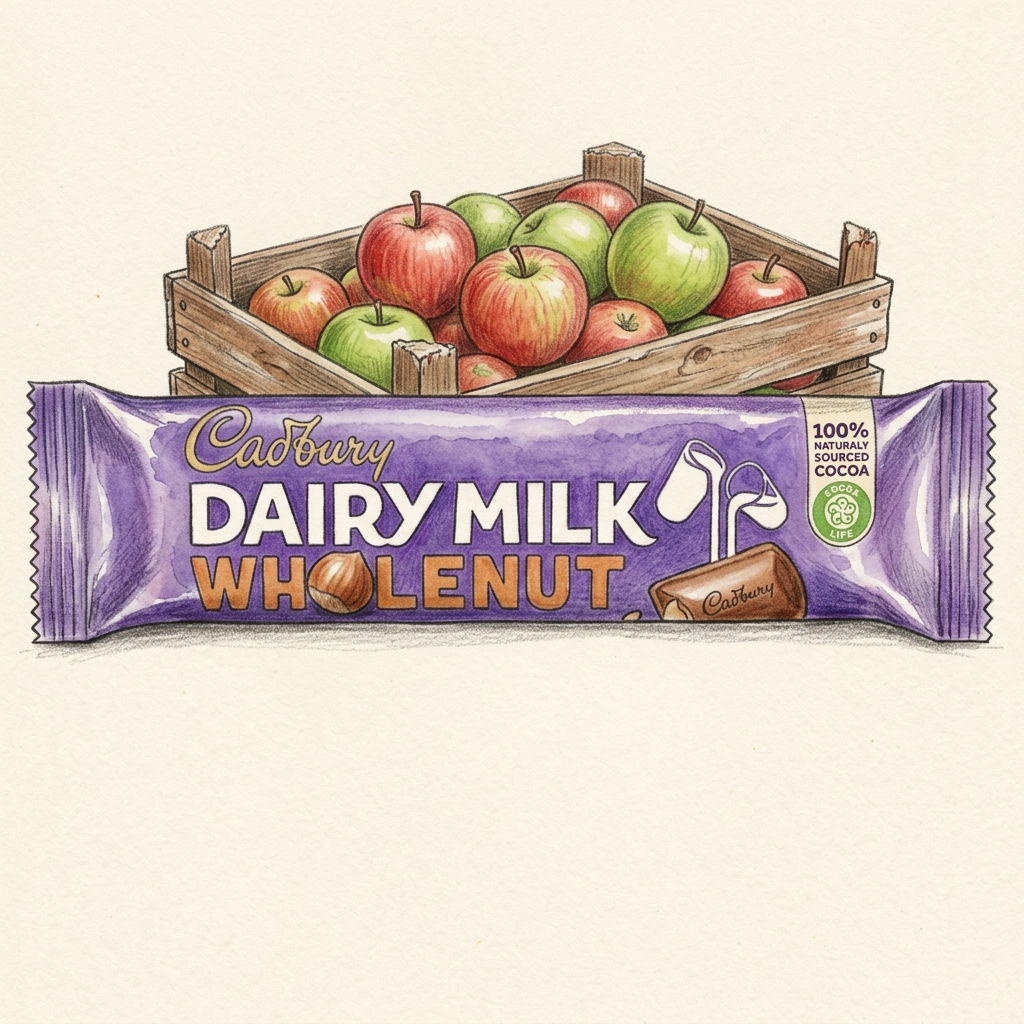 Hand-drawn Dairy Milk Whole Nut with apple crate