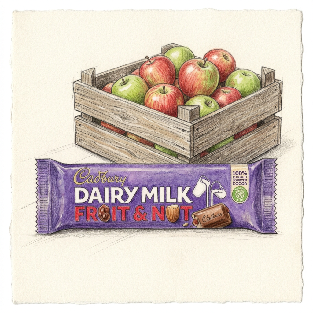 Hand-drawn Fruit and Nut bar with apple crate