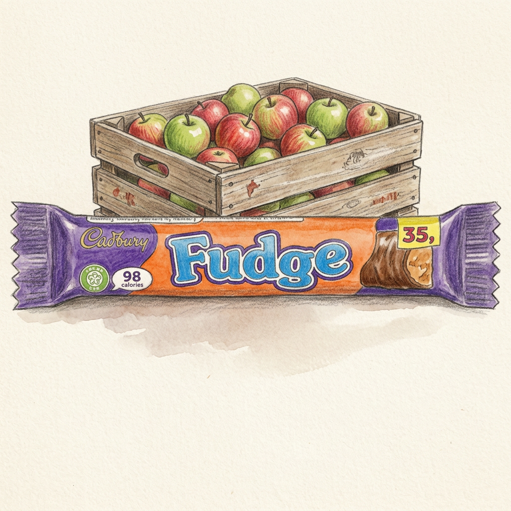 Hand-drawn Fudge bar with apple crate