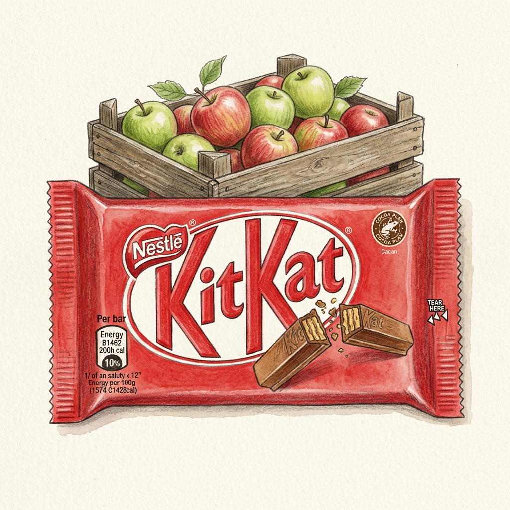 Hand-drawn KitKat with apple crate