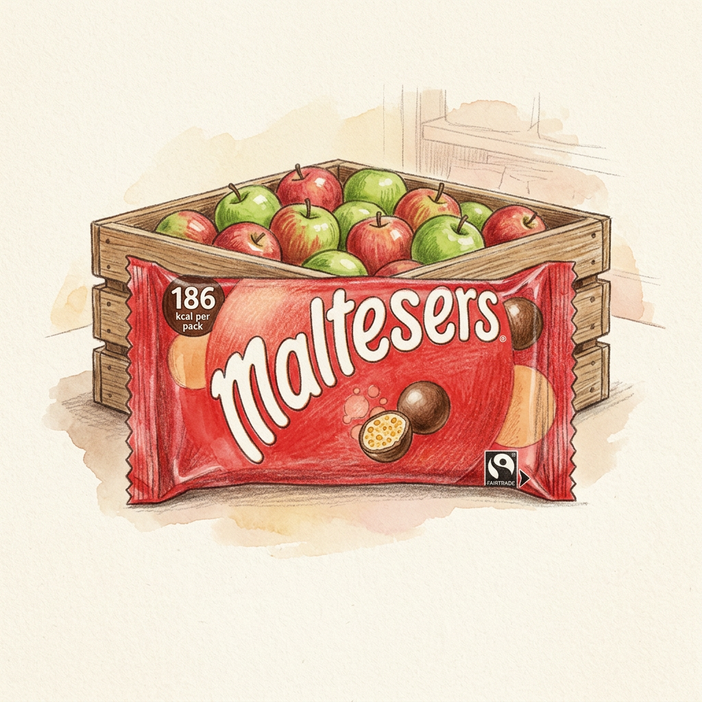 Hand-drawn Maltesers with apple crate