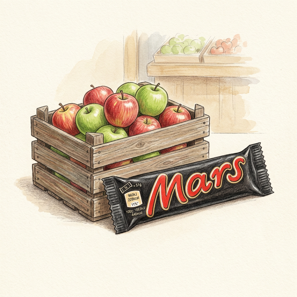 Hand-drawn Mars bar with apple crate