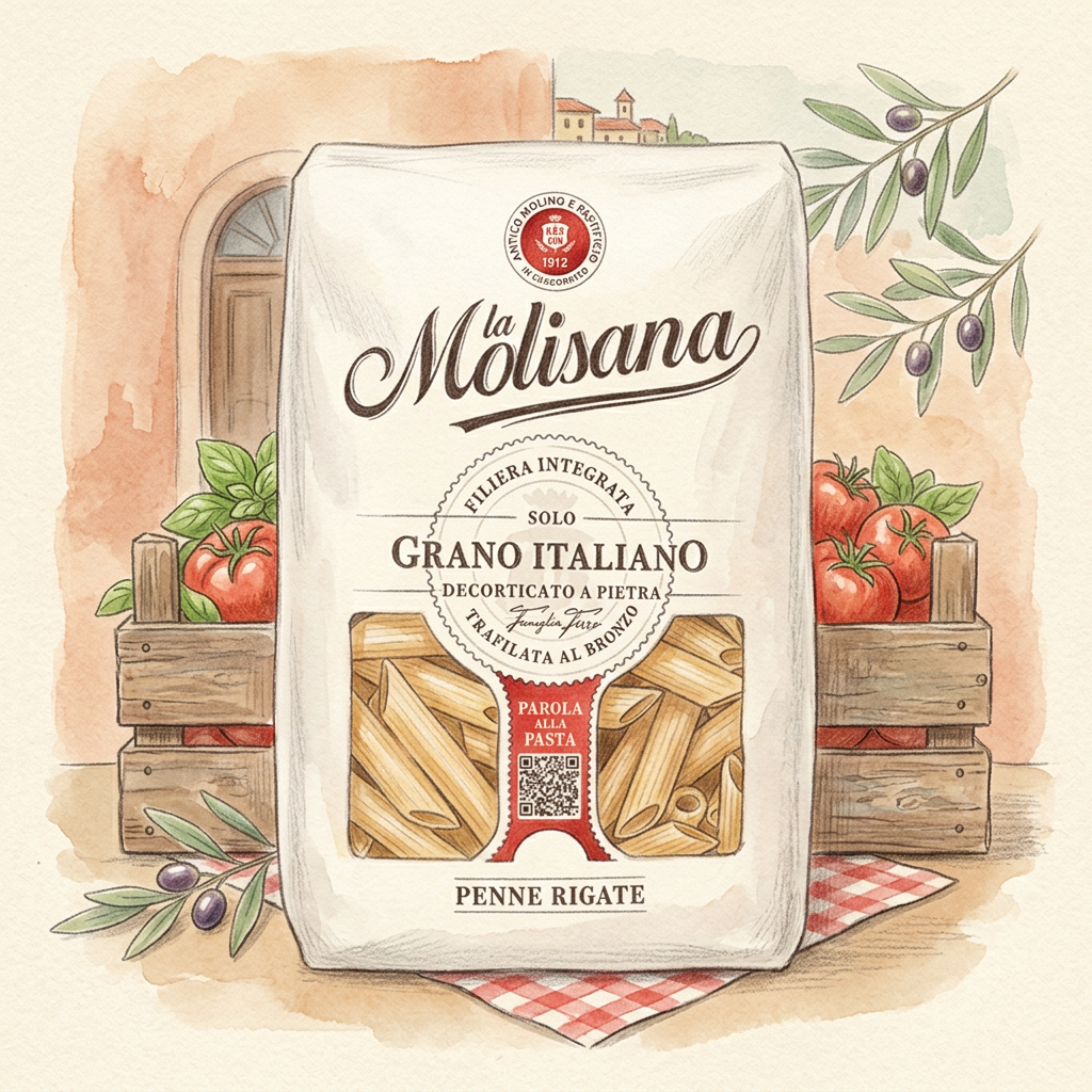 Hand-drawn penne with Italian-themed background and wooden crate