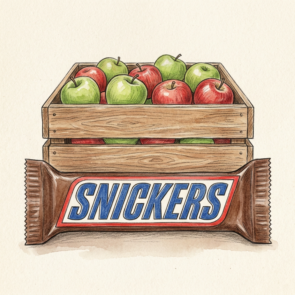 Hand-drawn Snickers with apple crate