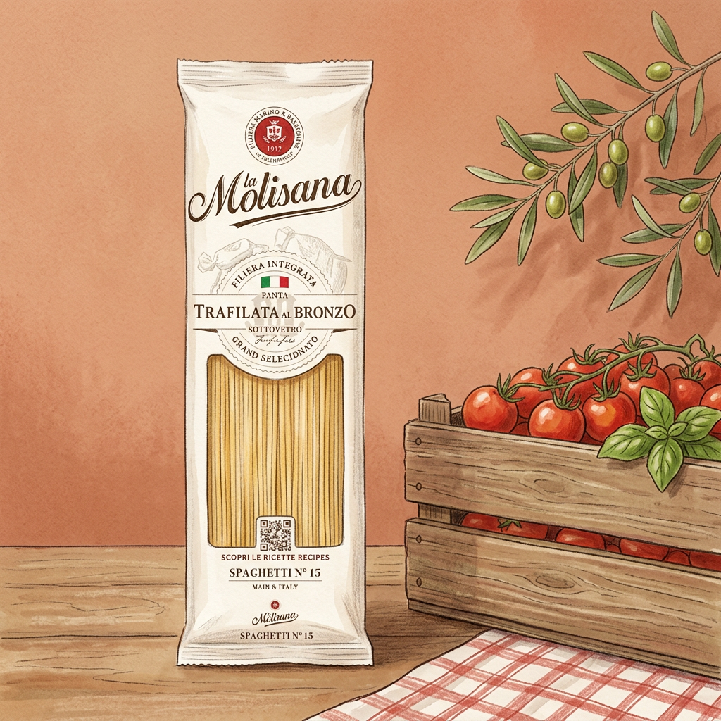 Hand-drawn spaghetti with Italian-themed background and wooden crate