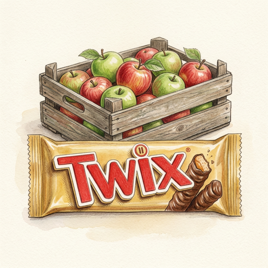 Hand-drawn Twix with apple crate